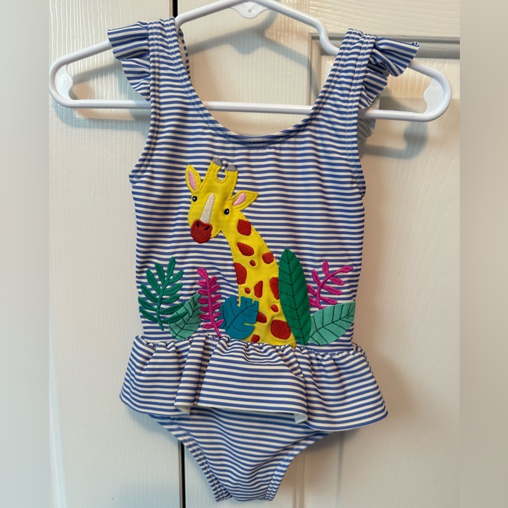Baby Boden Striped Swimsuit with Giraffe Design